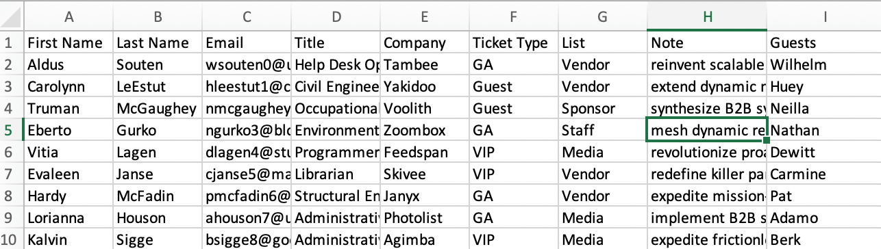 excel spreadsheet guests check in